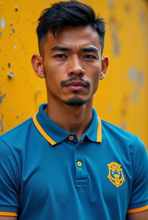 Young adult man short razored hair big lips dark skin Brazilian ethnicity funk style round nose round cheeks wearing blue polo t-shirt with yellow collar with "pdm" written on the chest