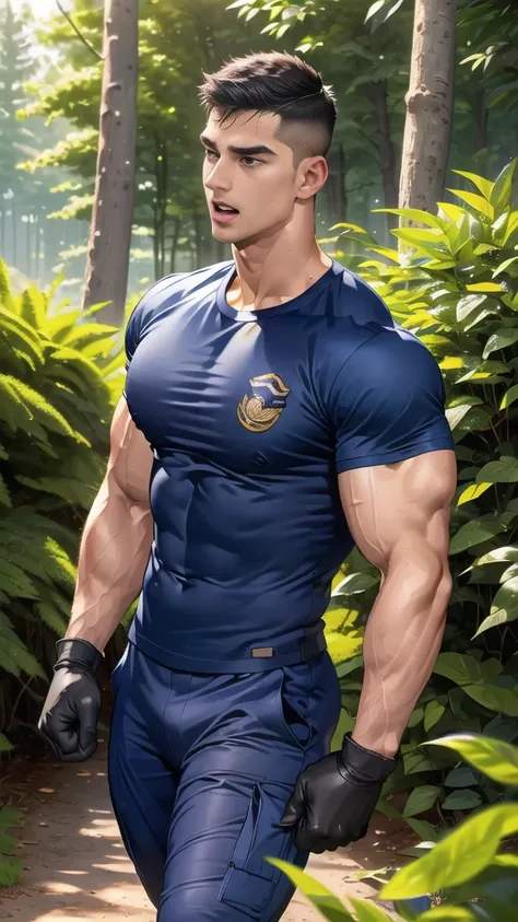 Handsome guy, (Thin mustache:0.8), alone,(Buzz cut:1.1), (navy blue tight-fitting round neck short sleeve T-shirt:1.3),(Police badge:1.2),navy blue cargo pants,(navy_gloves:1.3),,chest muscles,large arm muscles,blood vessel,big muscles,Broad shoulders,open...