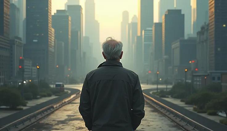 mature man, looking at the horizon, in the middle of the metropolis, choosing between 2 paths.