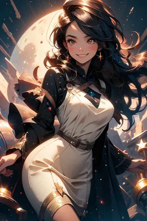 Perfect face. Perfect hands. A black haired woman with brown eyes and an hourglass figure in a dress with moon and stars on it is smiling while helping a student with work the observatory 