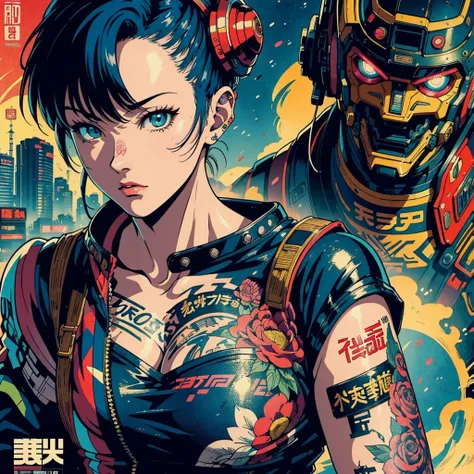 japanese retro poster, best quality, 8k, ultra detailed, estilo anime 90's, 90's, cyberpunk scenario, ultra detailed tattoos,pos...