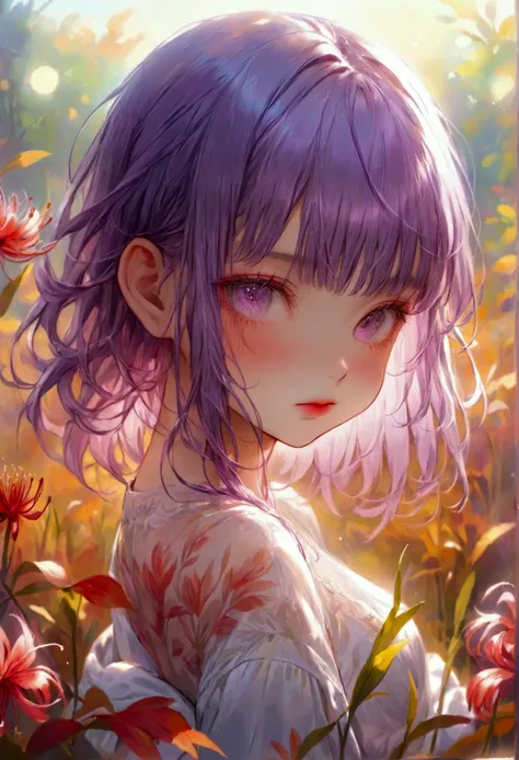 cute little young girl, at meadow with vibrant Lycoris radiata, wariza, gradient purple hair, shy face, adorable figure, coquettish atmosphere, middle breasts, beautifully detailed (bangs, eyes, long eyelashes, lips, thigh), gesture of gently combing her h...