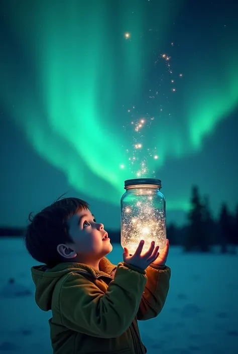 A child holds a clear glass jar into which the Northern Lights are slowly entering, 4k high definition