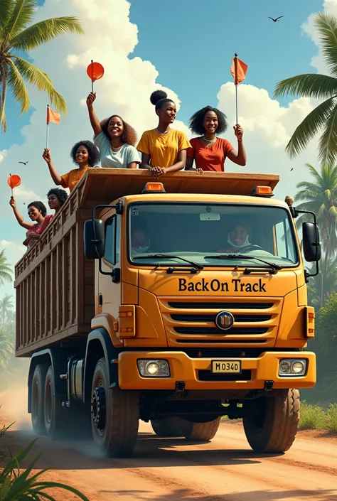 Generate a big open truck
 carrying young female gen z African lawyers with the slogan Back on Track on a campaign trail for Ssemakadde 