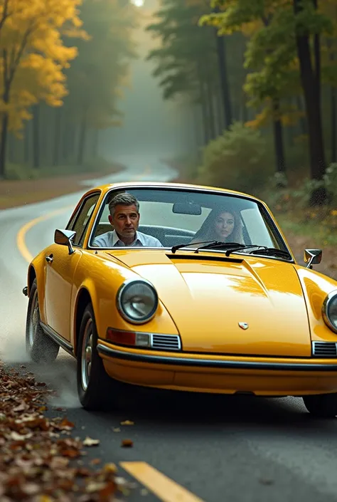 Create photorealistic image of George Clooney crashing his blonde wife&#39;s yellow Porsche 911