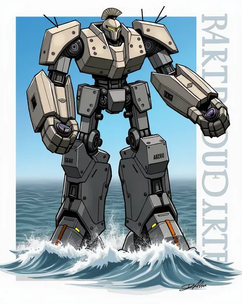 very large transformer, robust build, standing in the ocean, intimidating appearance, Spartan helmet on head, small battleship cannons on forearms and shoulders