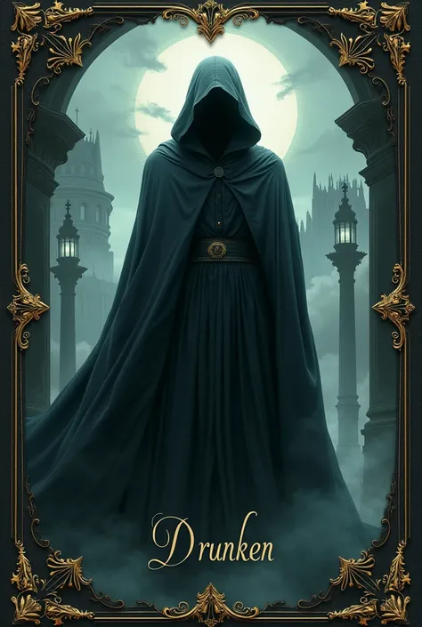 Horror, gothic book cover, Victorian cape style. Text written by word "Drunken". Renaissance