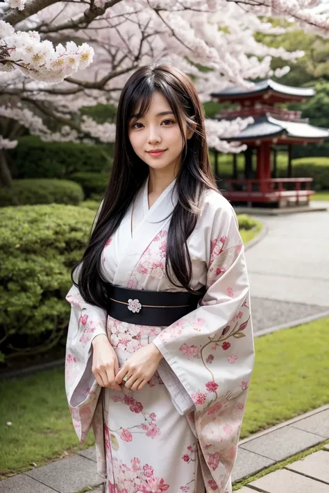 Long black hair and brown eyes、A Japanese woman with clear skin、With a gentle smile in the park where cherry blossoms are blooming、Wearing a traditional kimono and standing naturally。A traditional Japanese garden spreads out in the background.、It creates a...