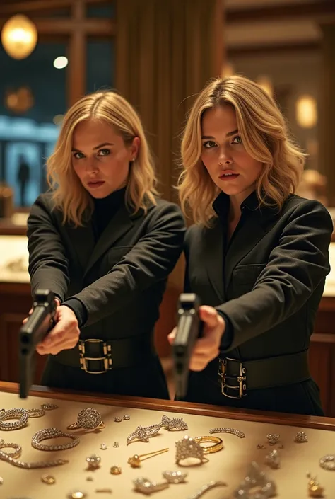 Brie Larson et scarlett johansson  qui porte un cosplay de kyme impossible avec des pistolet qui font un braquage dans une bijouterie elle ramasse les bijoux en réalité 