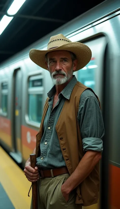 A full-body, editorial-style fashion photoshoot of an old farmer standing beside a sleek, modern MRT train in an underground station. The farmer, dressed in rugged yet stylish traditional clothing, wears a wide-brimmed straw hat that adds a distinctive fla...