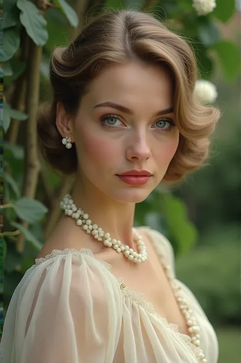 greek woman, 50s style era, blue eyes, soft beige delicate long dress, white flower necklace, garden scenery, closeup, movie scene 