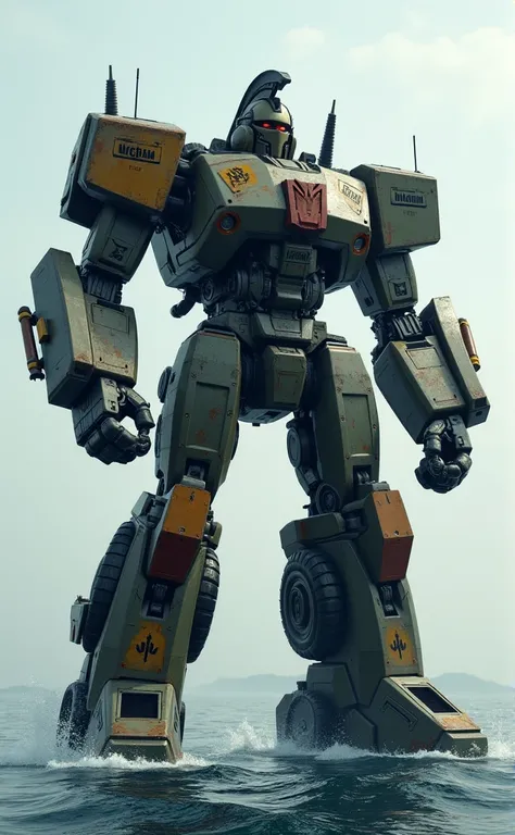 very large transformer, robust build, standing in the ocean, intimidating appearance, Spartan helmet on head, small battleship cannons on forearms and shoulders, LEGION written on right chestsplate