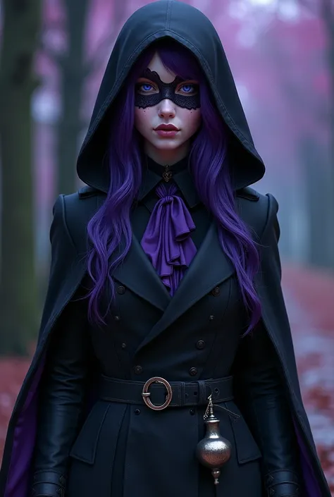  feminine, blue purple eyes, dark purple hair, pale skin, swiss frock coat, black jose, black long-sleeved shirt belt with bottle on it black hood with purple mask A hood 