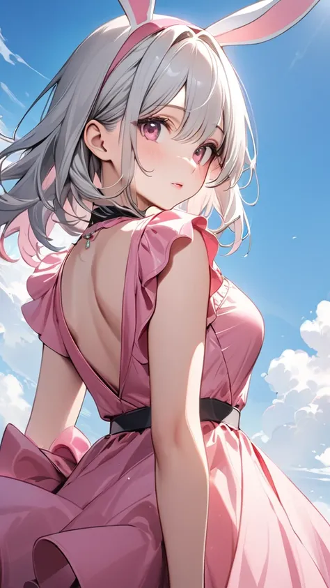 blue sky,(masterpiece, Highest quality:1.2), Silver Hair,Pink dress,Pink eyes,Bunny ears,One person, One person,wide length, girl&#39; Im in love with you, Dynamic Random Shot, elastic thighs, ARW