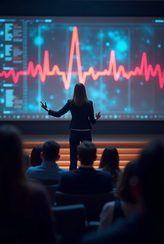 Female lecturer in large lecture hall in front of screen shows biosignals heart evening mood