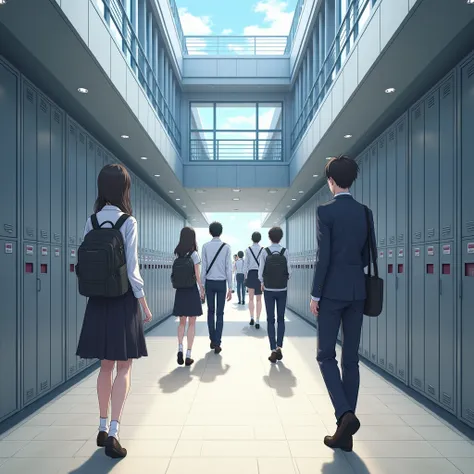 anime style, 2020s, photorealistic anime, School front entrance, Shoe cupboard, high school in tokyo, inddor.