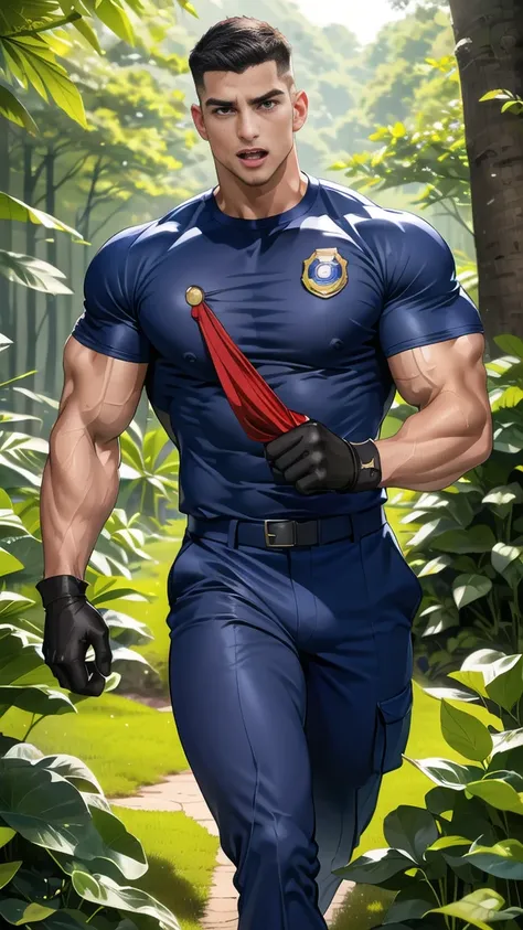 Handsome guy, (Thin mustache:0.8), alone,(Buzz cut:1.1), (navy blue tight-fitting round neck short sleeve T-shirt:1.3),(Police badge:1.3),navy blue cargo pants,(navy_gloves:1.3),,chest muscles,large arm muscles,blood vessel,big muscles,Broad shoulders,open...