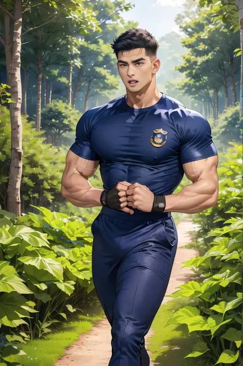 หนุ่มหล่อยิ้มopen mouth, (Thin mustache:0.8), alone,(Buzz cut:1.1), (navy blue tight-fitting round neck short sleeve T-shirt:1.3),(Police badge:1.1),navy blue cargo pants,(navy_gloves:1.3) ,Pectoral muscles,Big arm muscles,blood vessel,big muscles,Broad sh...