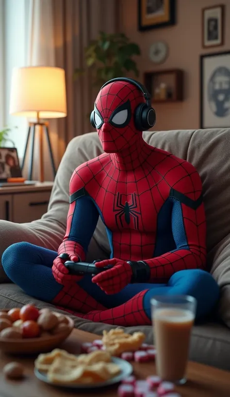 Spider man with his iconic outfit relaxing in the living room while playing video games with a joystick, wearing headphones, beside him are snacks and drinks.