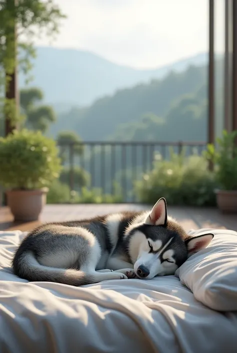 Siberian Husky female , sleeps comfortably in bed on the terrace. 