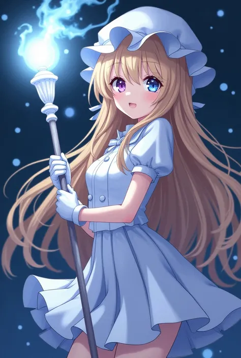 Night，blonde long hair anime girl，White short-sleeved school uniform，White pleated skirt，White gloves，white pantyhose，Holding gem magician staff，Different colored eyes