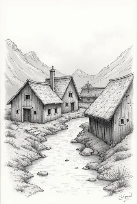 Pencil sketch village more realistic 