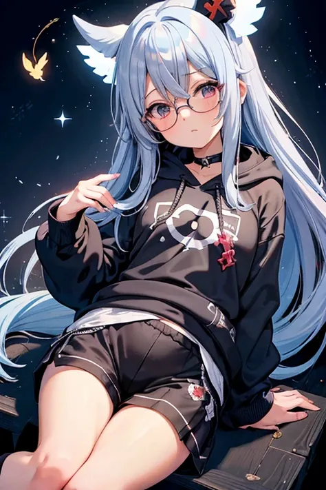 Angelic French doll, Stocky, Brightly colored hoodies, In shorts, Blue Hair ,Disheveled long hair, (anime: 1.2), Wearing glasses, Asymmetrical bangs, masterpiece, Tengu, (Fortuneteller: 0.8), (sleepy: 0.8), Intimate, フレンドリー, 風を受けている, 濡れた髪, anime, ざぁこ♡, 寒い,...