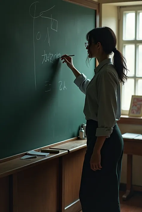 A university professor who writes on the blackboard with one hand and leans on it with the other and stands on tiptoe with her back turned