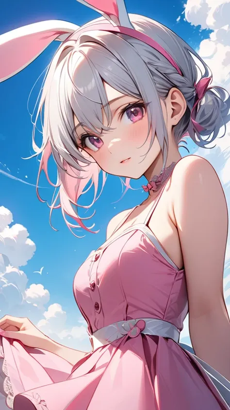 blue sky,(masterpiece, Highest quality:1.2), Silver Hair,Pink dress,Pink eyes,Bunny ears,One person, One person,girl&#39; Im in love with you, Dynamic Random Shot, elastic thighs, ARW Widescreen, masterpiece, Best Quality, 