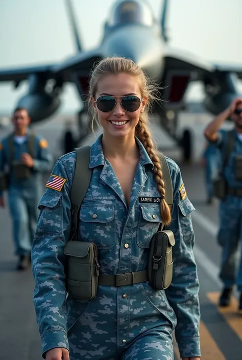 documentary photo, Photo-realistic, ultra-realistic, (very beautiful blonde young woman, her beautiful face is looks like a famous movie star:1.3), (super cute face), (large aircraft carrier crew of american navy), wearing a Blue-gray camouflage patterned ...