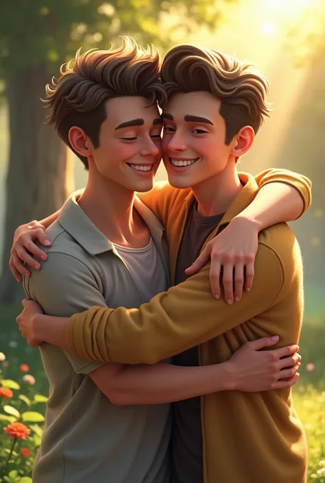 Two young men hugging each other.