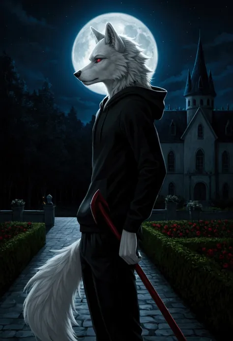 furry, Solo, Humanoid male wolf, wolf, scythe, Black hoodie, black pants, White body, Long white wolf tail, , short white hair, cool, red eyes, Slender figure, Slightly skinny, , look from side, background detail, night, full moon, wolf with death crescent...