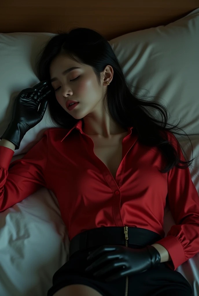 Beautiful young spy, with straight hair, dressed in red shirt, black gloves, black pants, sleeping in a bed