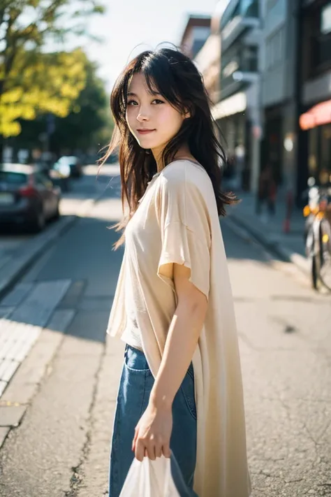 A realistic photograph of a cute Japanese woman, walking confidently. She has a model-like appearance with elegant posture, wearing fashionable, casual clothing. Her facial features are soft, with a gentle smile, and her skin is clear and glowing. The sett...