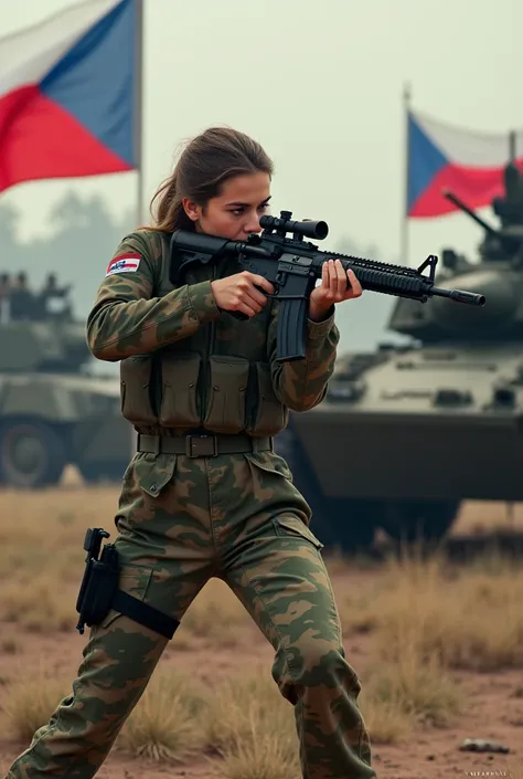 A soldiergirls  (shooting gun)(practice shoot) with czech flag contain aeroplane and contain A military vehicle and tanks, patriotic, epic,