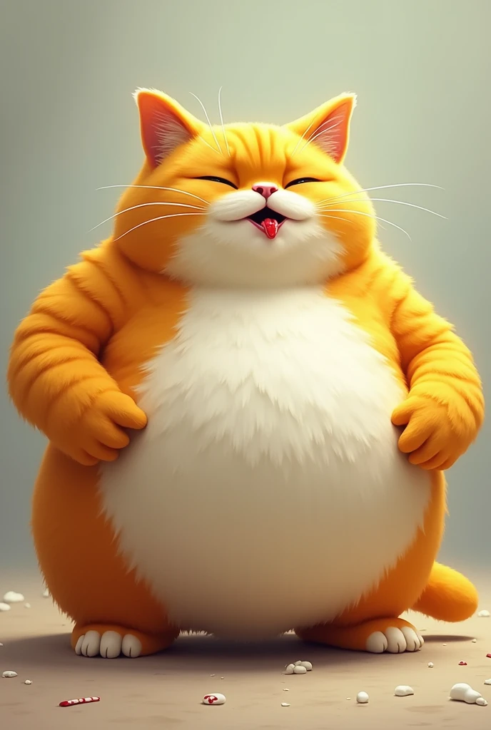 A super fat cat，The hair is yellow and white，Vomiting