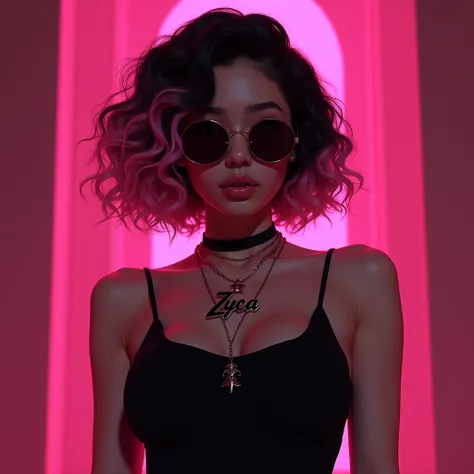 Korean girl kid wearing a black dress and wearing a necklace with a name of  Zyca and have a curl hair with a black pink haircolor wearing a sunglass and have a pink mafia house as background 