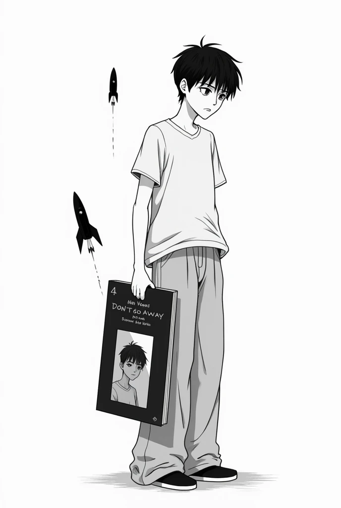 boy with short and still hair, depressed , with wide pants , holding with one hand a cover of an album titled “don’t go away” in Spanish and on the cover there is the same drawing of the boy, Black and white drawing, that it be simplified with two small ro...