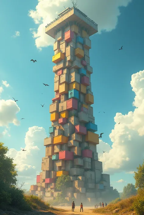 A HUGE FAIRY-TALE TOWER MADE OF VARIOUS CARDBOARD BOXES RAISE TO THE SKY AND GET LOST IN THE CLOUDS. BIRDS ARE FLYING AROUND LITTLE PEOPLE ARE STANDING BELOW realism