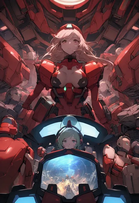 A beautiful 25year woman in the cockpit of a Gundam-like mobile suit, a new type woman wearing a pilot suit, surrounded by various operating machines and a 360° clear monitor. Ace pilot commonly known as the Red Comet, A tense battle scene, a female new ty...