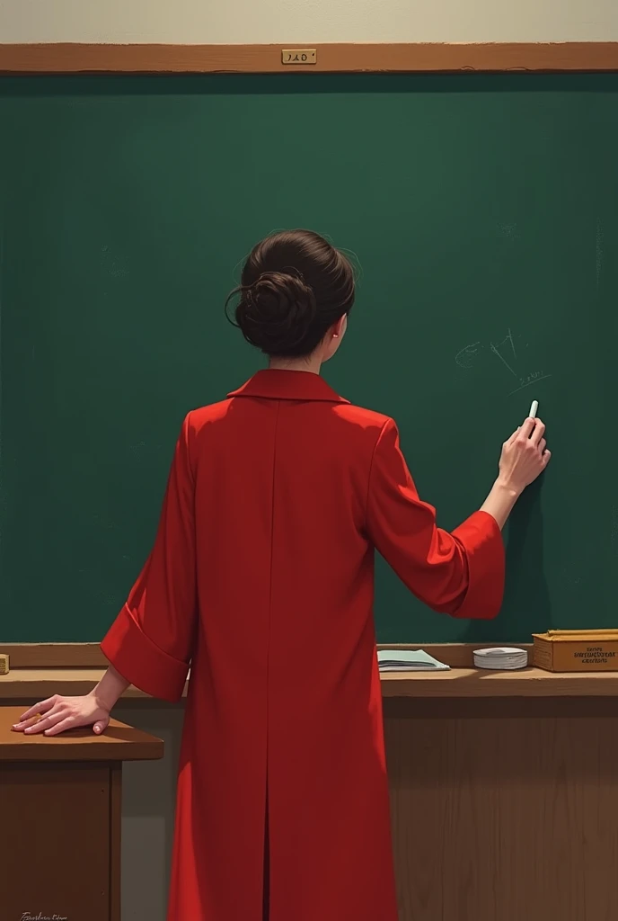 A university professor with her back turned, writing on the blackboard with one hand and leaning on it with the other, standing on tiptoe. She is dressed in red 