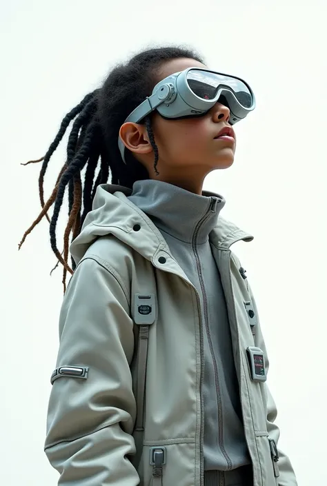 Cyberpunk kid with drealocks wearing cyborg goggles gazing off into the sky isolated on white background 