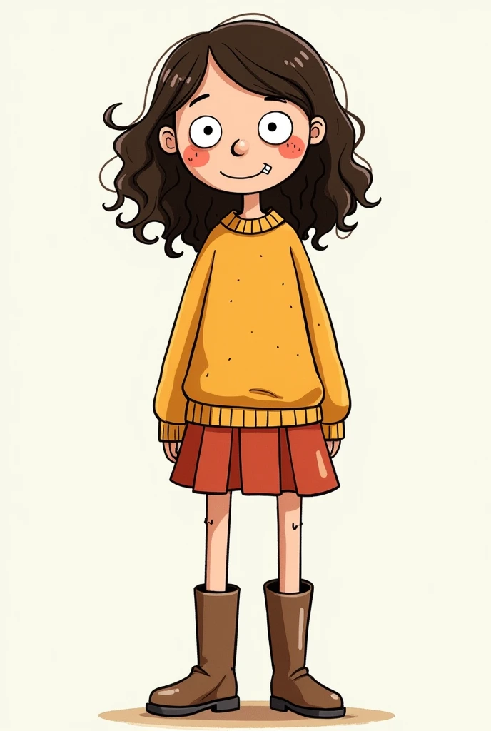 a  girl, brunette skin, freckled, wavy hair, brow e curto. Wearing a sweater and skirt and knee-high boots in the style of the book: "Diary of a Wimpy Kid."