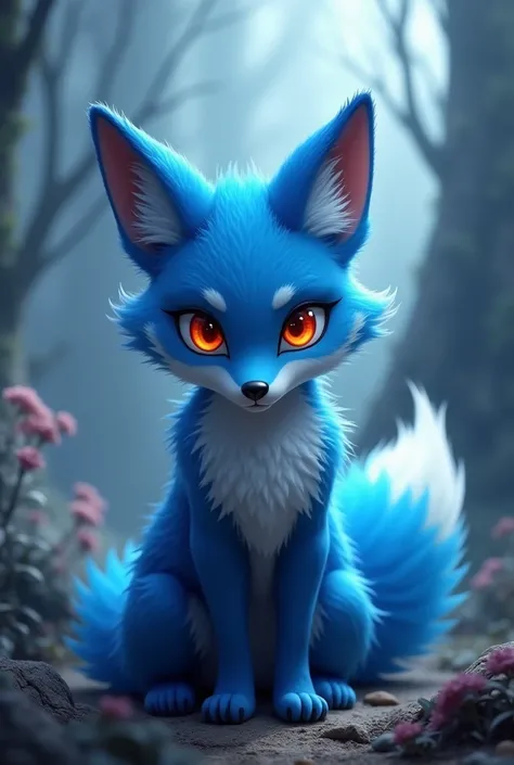 A sky-blue fox with an adorable appearance, masculine, red eyes, 3D