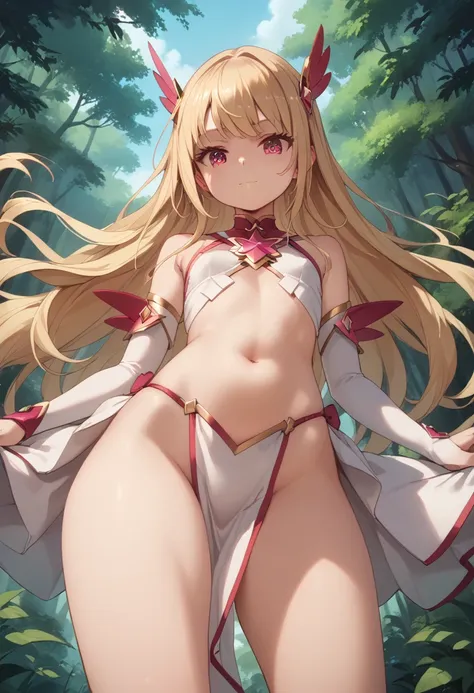 masterpiece, Best Quality, (Perfect Face:1.1), (Attention to detail:1.1), (Ultra-detailed eyes), Beautiful Face、Perfect body、Cute Face、clavicle、stomach　Belly button　whole body　Mischievous face　Chest　Long Hair　girl　Blonde　Magical Girl　Flat Chest　Leg spread　...