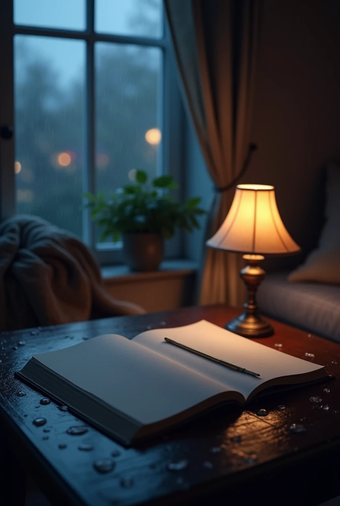 Blank book page on a table on a rainy night 