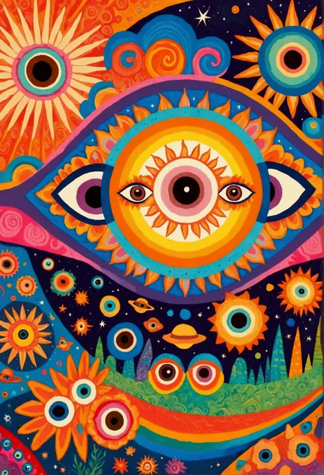 Psychedelic abstract illustration, Vibrant colors, Bold Patterns, Surrealism, Colorful creatures, Multiple pairs of eyes, Rainbow pattern, Intricate details, The Sun Has an Eye in the Center, Space Background, Whimsical atmosphere, Playful design