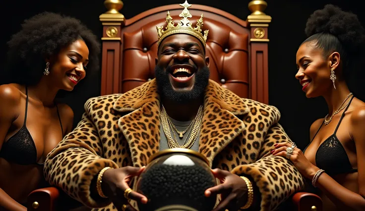 The frame looks like a still from a movie, Professional Realistic Advertising Photo, professional photo studio light, very full happy african daring brutal happy with life gold teeth smile, golden crown, gold big chains, drug lord in a fur coat with leopar...