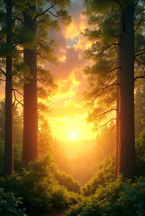 A sunset in a forest in summer
