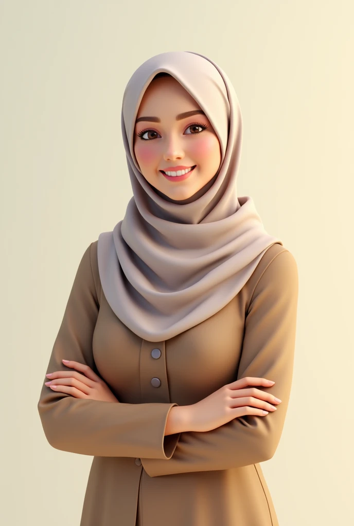 3d hyper realistis poster A woman wearing a headscarf is polite and elegant, smiling kindly. She stands in front of a bright, clean background, with symbols or icons related to family planning (such as birth control or a family growth chart) next to her.